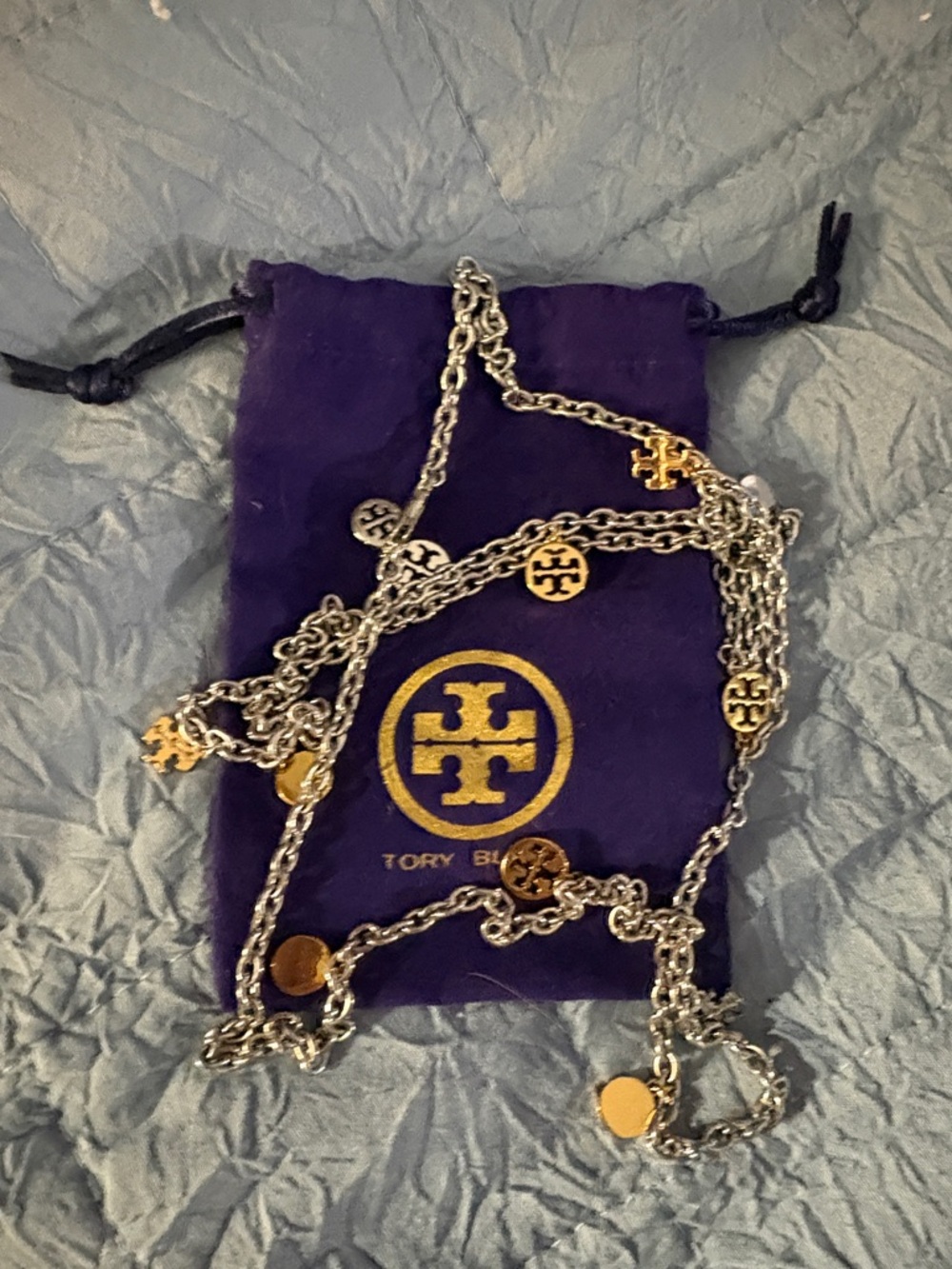 Tory Burch Two-Tone Logo Disc Chain Necklace - Purple/Gold/Silver w dust bag